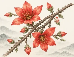 Tranh màu nước cành hoa gạo Bombax ceiba, hai bông đỏ cùng các nụ hoa